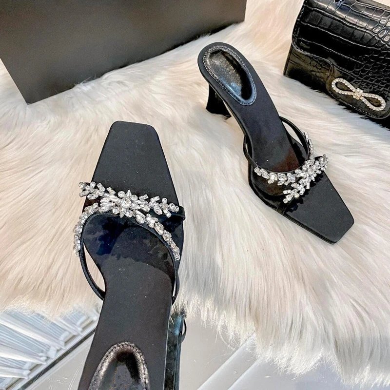 Unbranded High Heels Rhinestone Cross-Strap Square-Toe Mule Sandals image 3