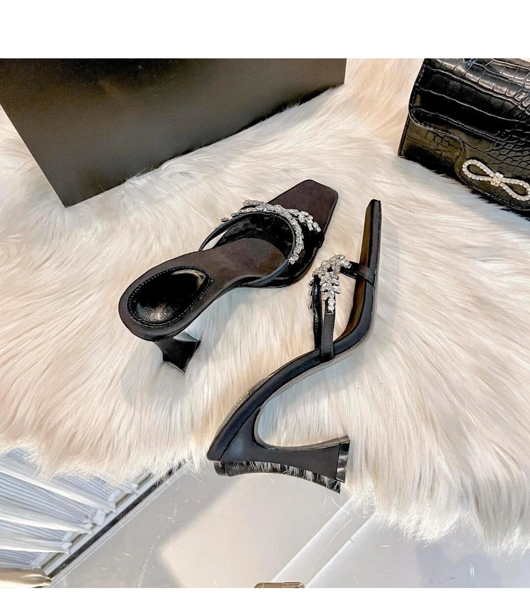 Black Crystal-Embellished Square-Toe Mule Heels - 6
