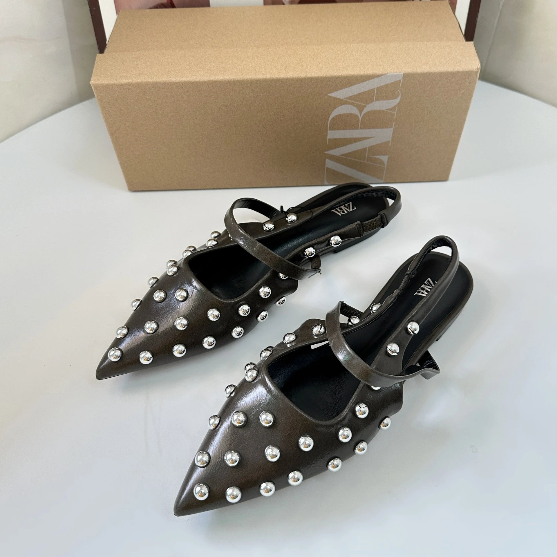 Zara Studded Pointed-Toe Slingback Loafers Brown - 3