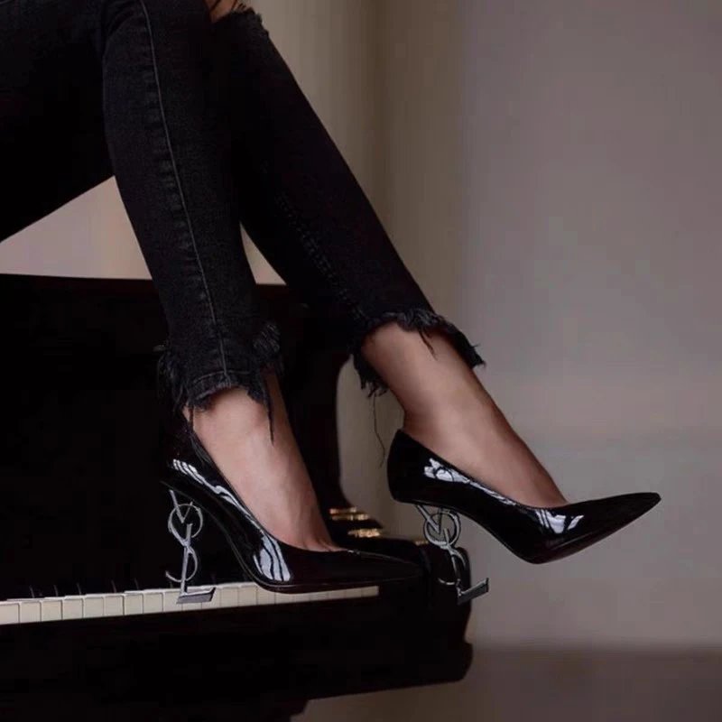 Saint Laurent High Heels Pointed-Toe Patent Pumps with YSL Monogram Heel image 2