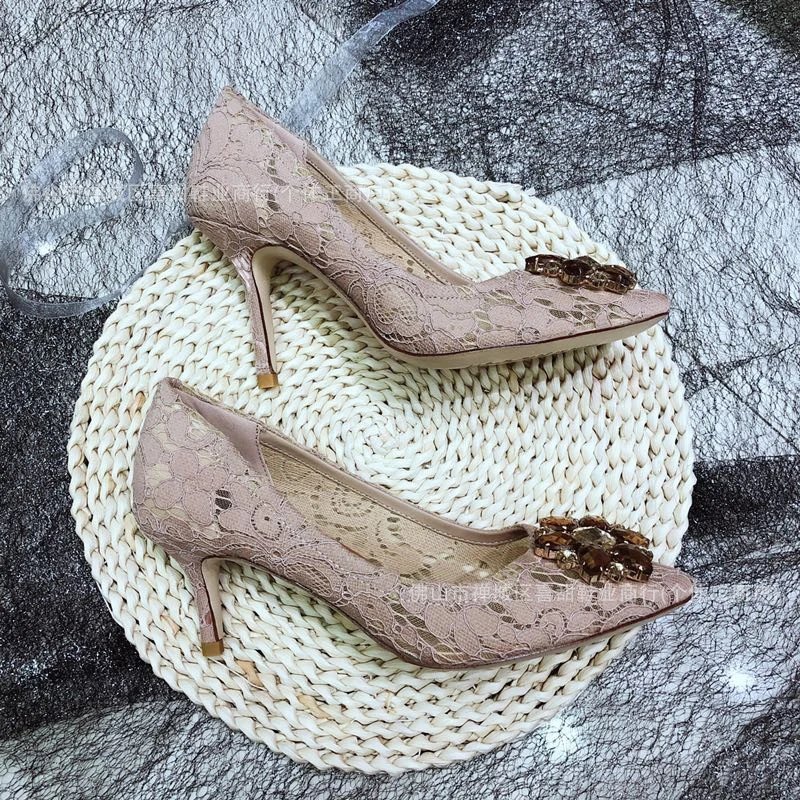 Lace Embroidered Stiletto Heels in Gray with Crystal Buckle - 31