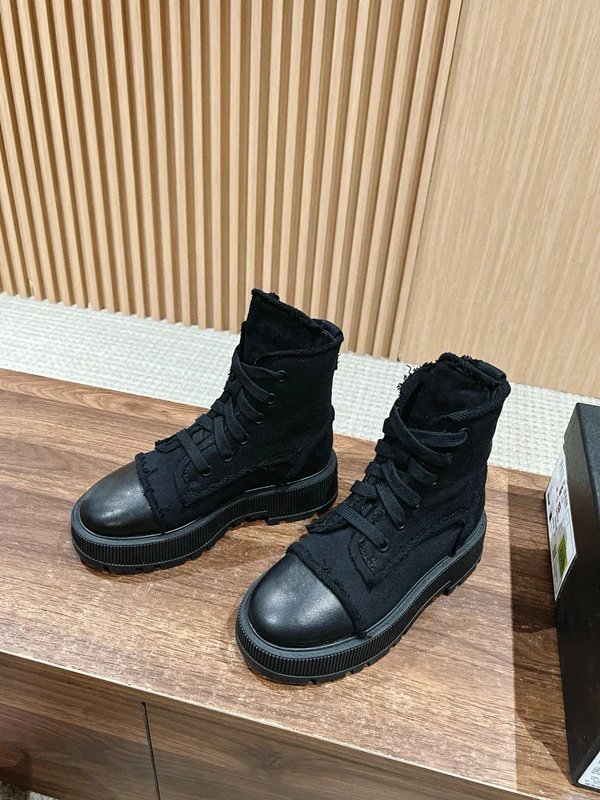 Chanel Tweed Lace-Up Combat Boots Navy - 3