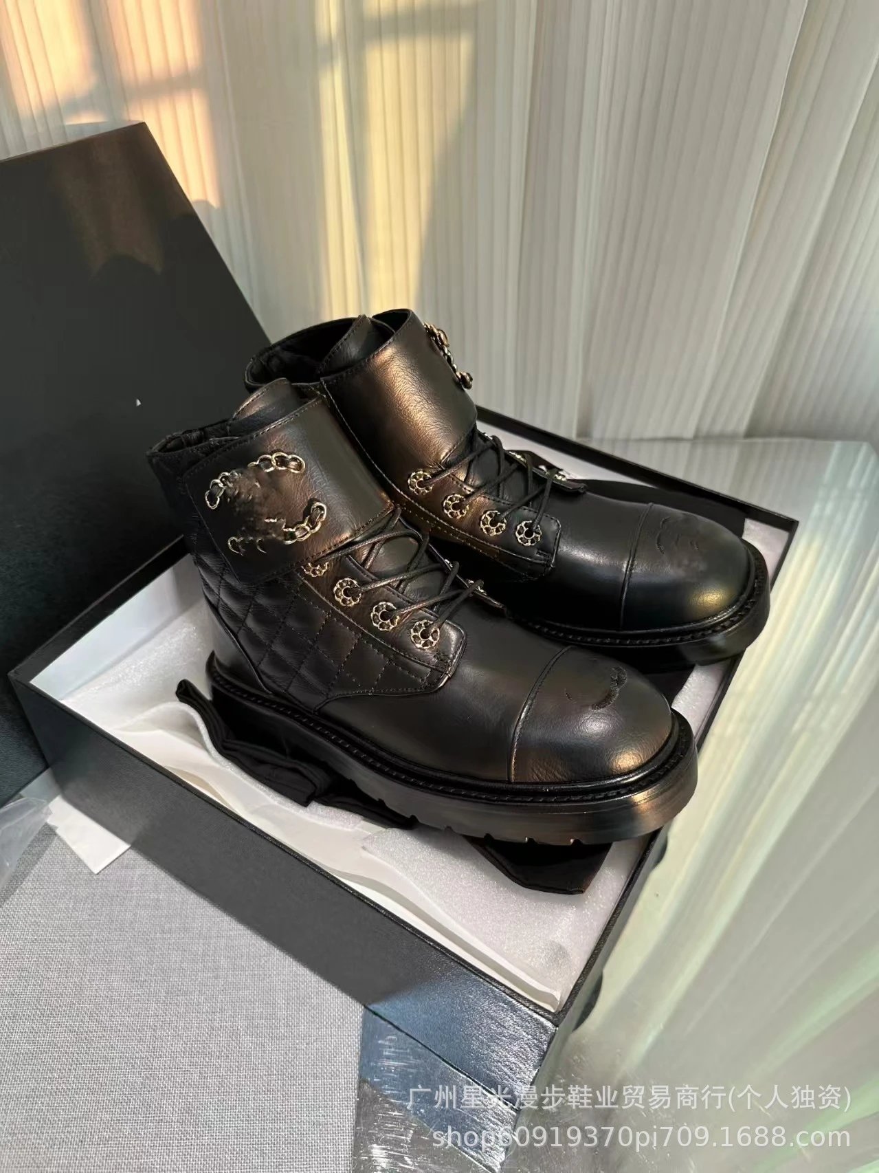 Chanel Combat Boots Black Leather Platform Lace-Up Boots - 5