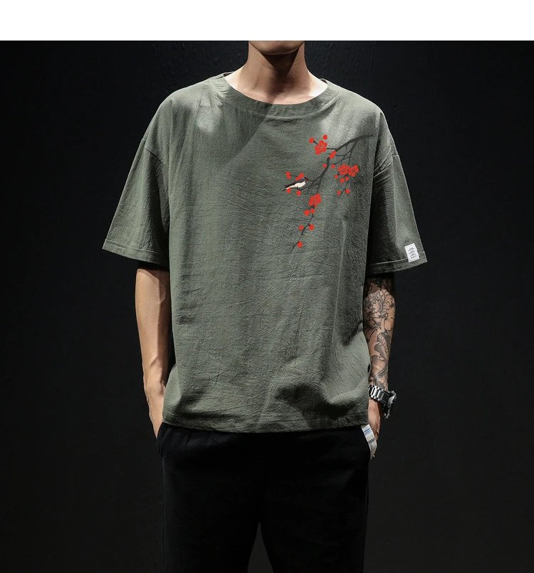 Design Floral Embroidery Oversized T-Shirt Army Green - 9