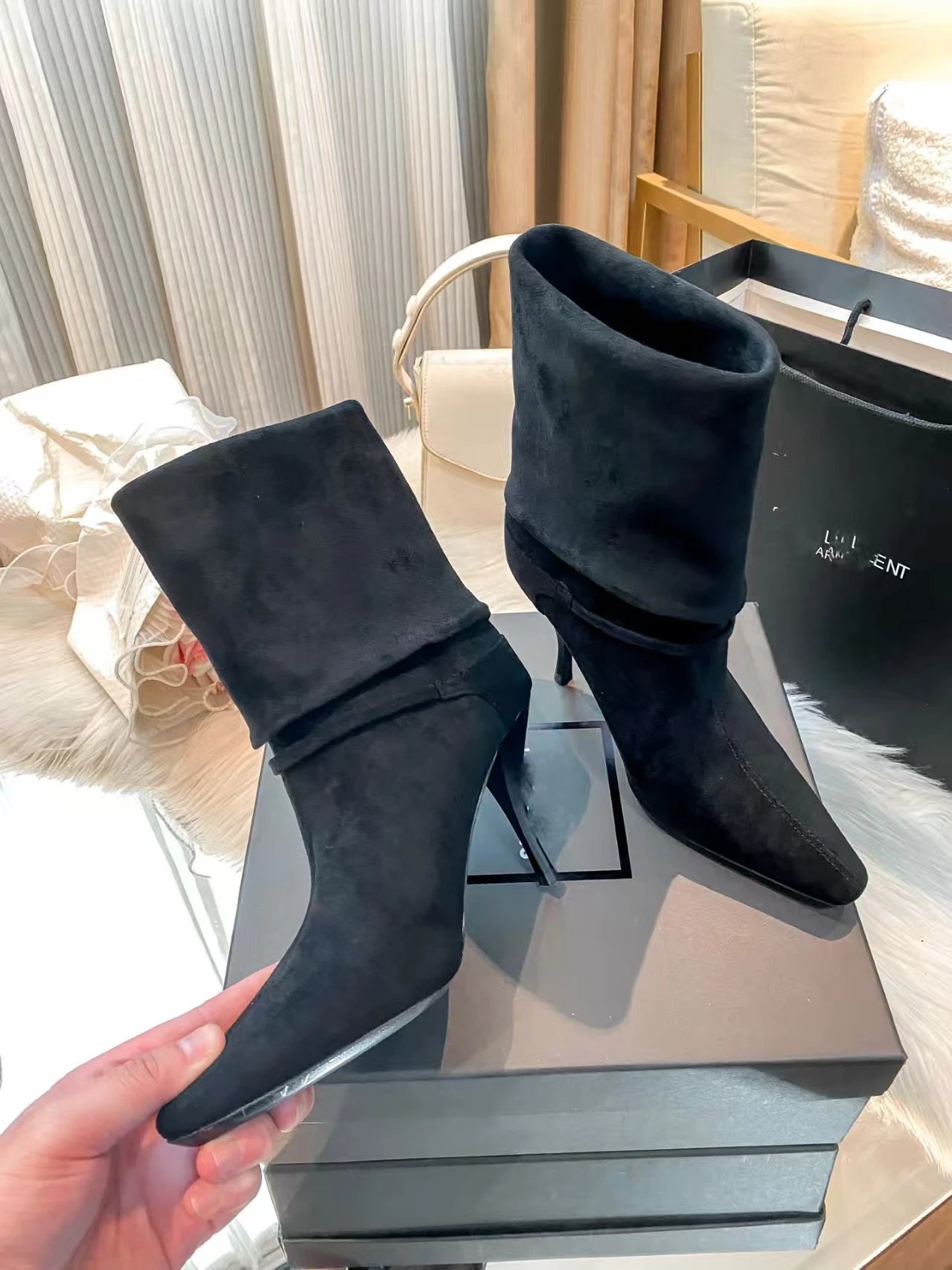 Saint Laurent Boots Pointed-Toe Slouch Stiletto — Black Suede, 9 cm Heel