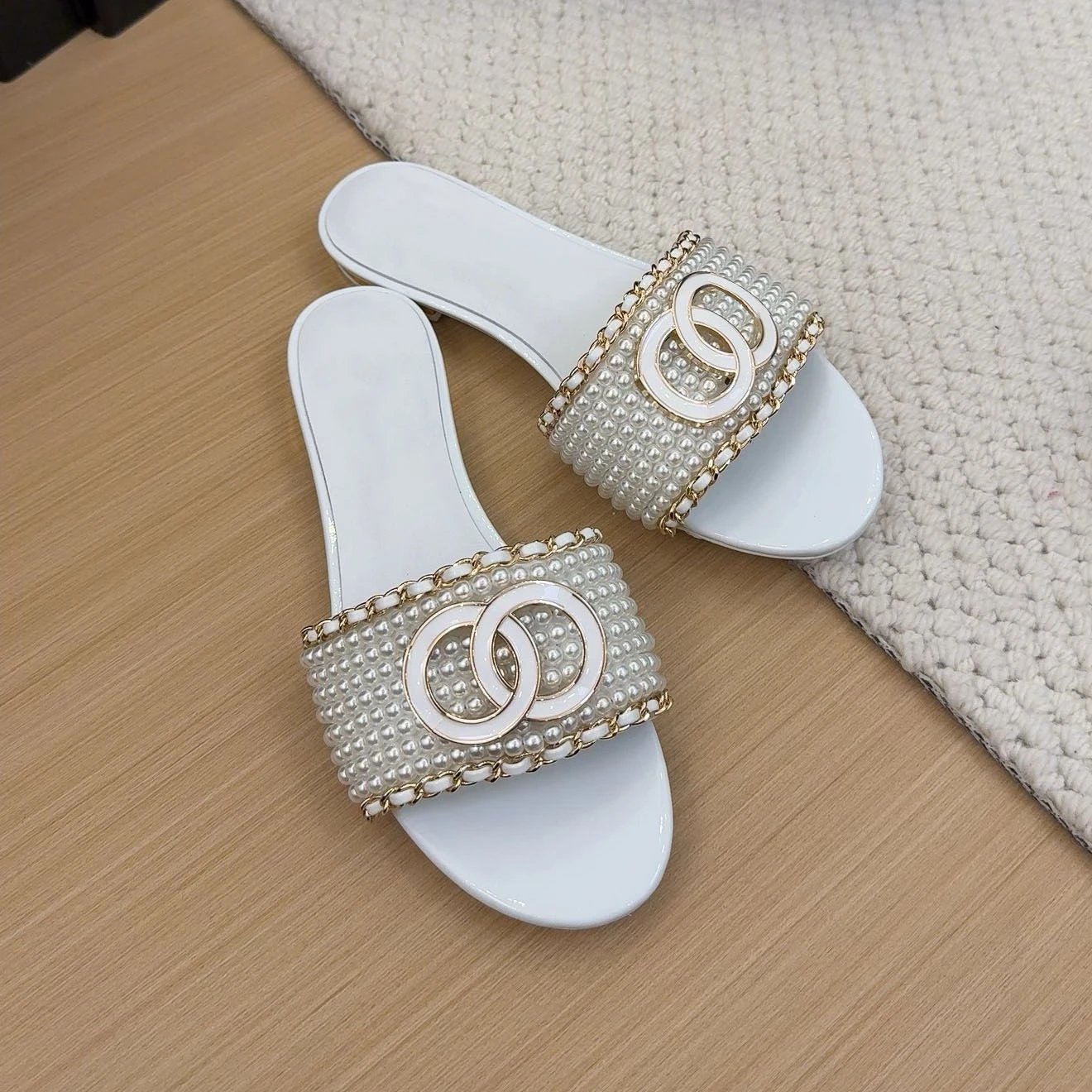 Chanel Sandals Pearl-Beaded Chain-Trim Slide image 4