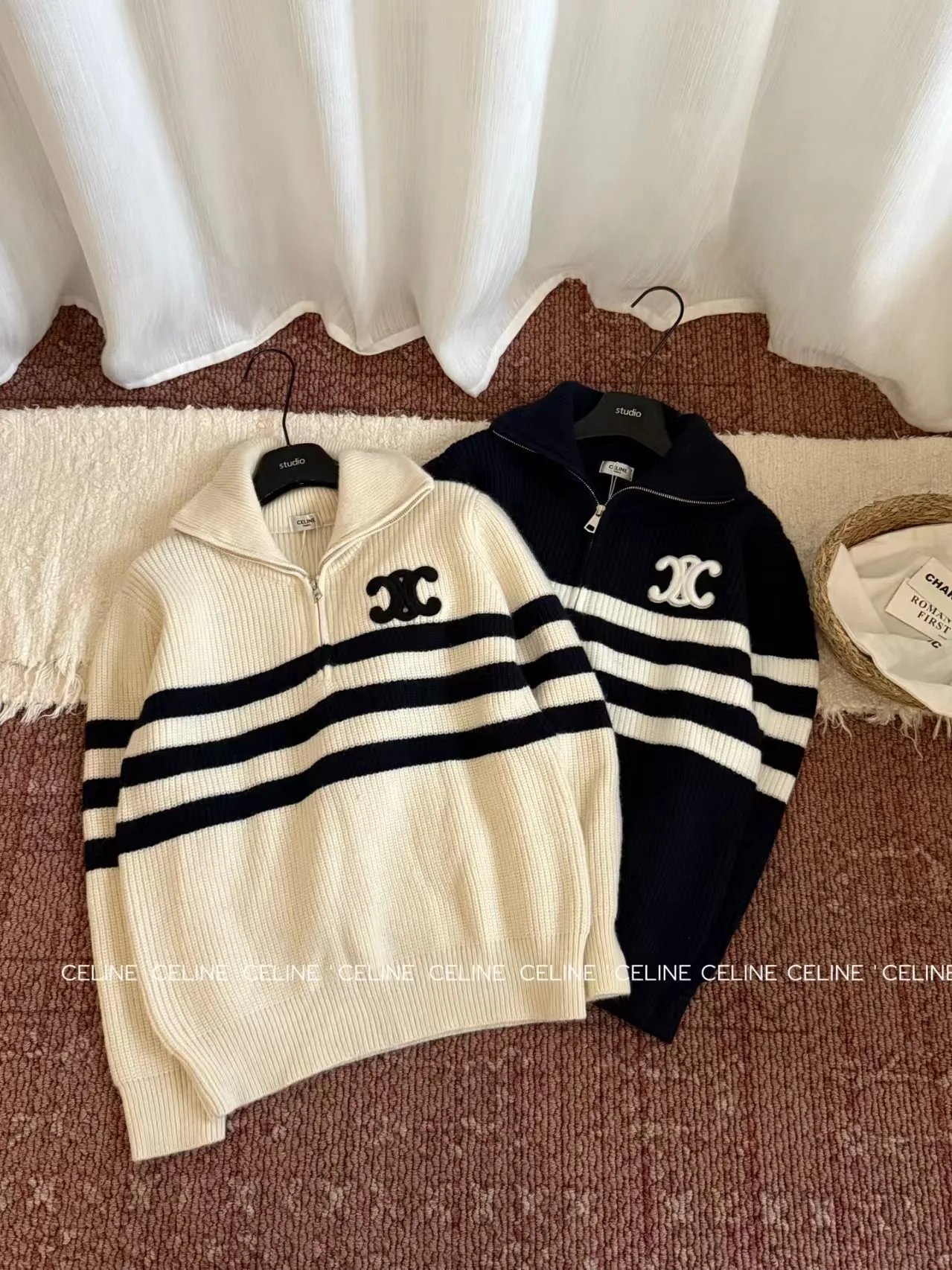 Celine CC Logo Half-Zip Striped Sweater in Cream and Navy - 4
