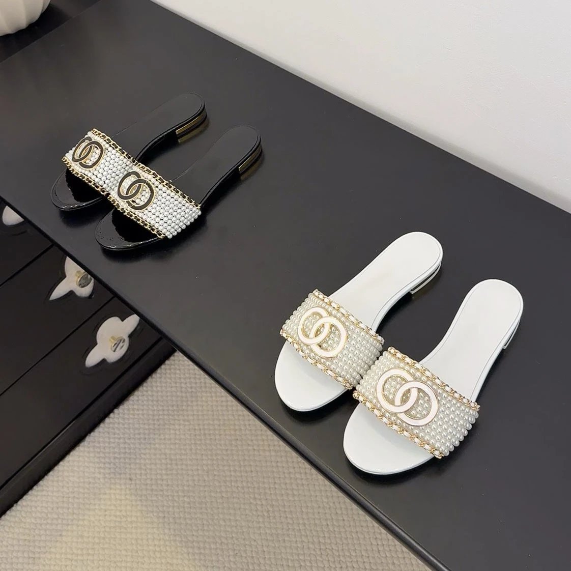 Chanel-Inspired Pearl Chain Slide Sandals Black - 2