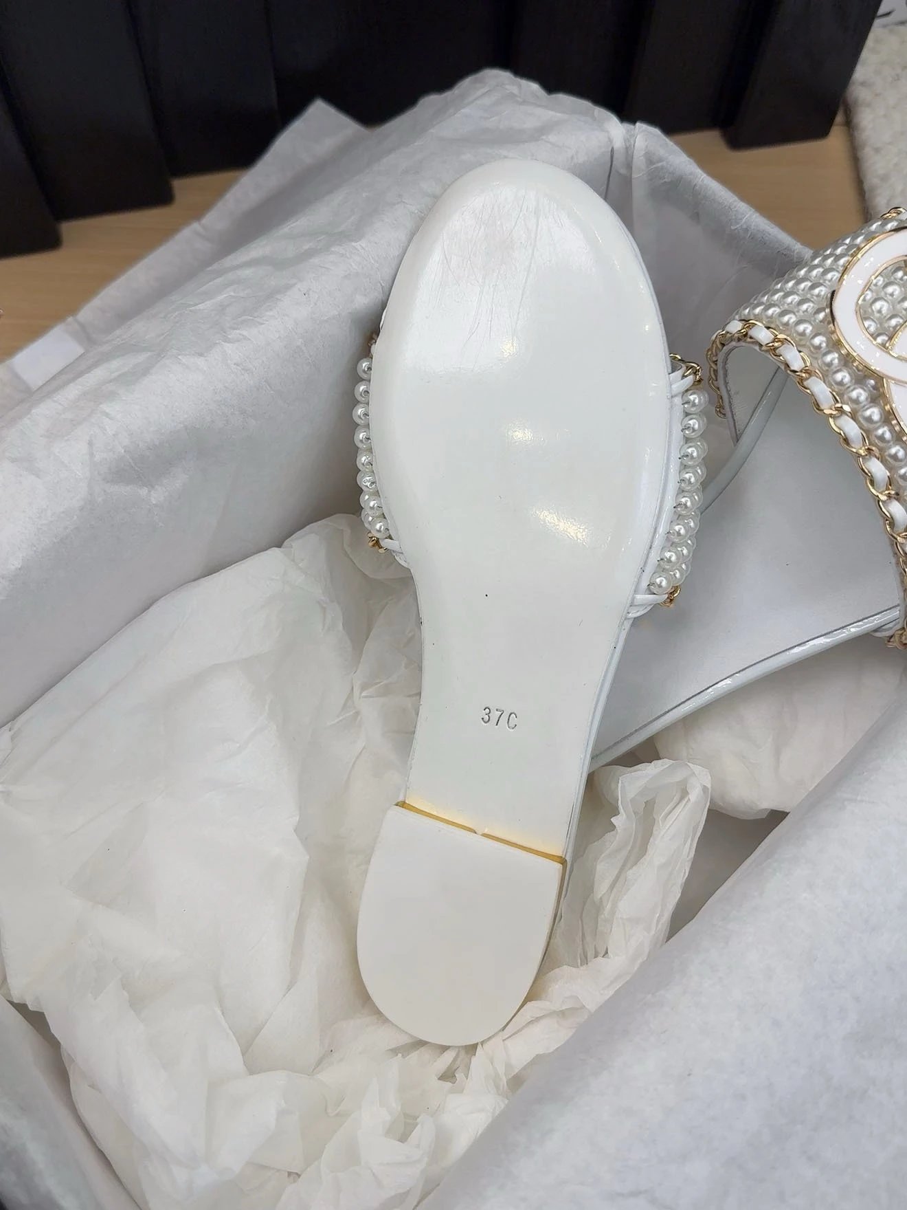 Chanel-Inspired Pearl Chain Slide Sandals Black - 9