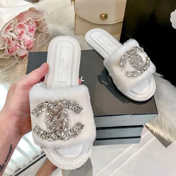 Chanel CC Logo Faux Fur Slide Slippers Beige - 3