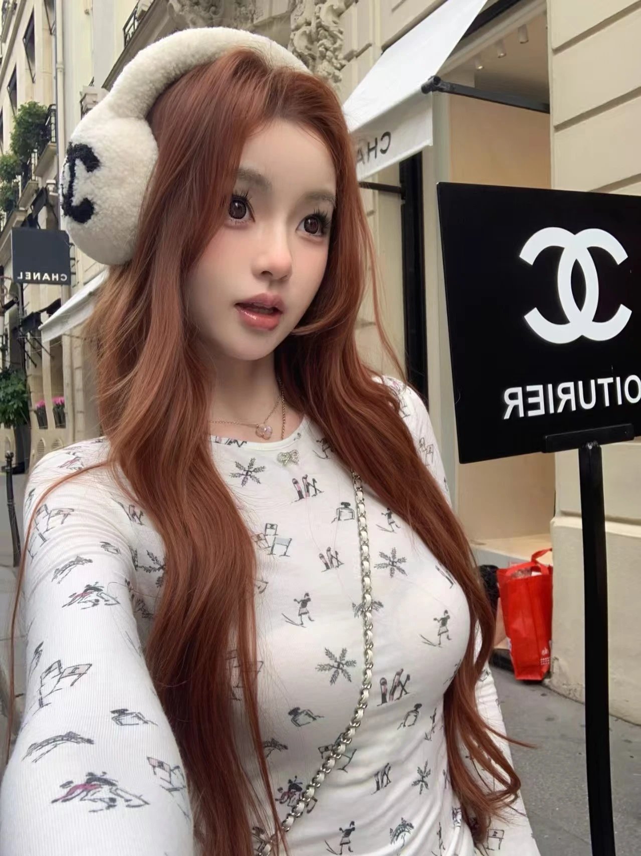 Chanel-Style Earmuffs + Printed Long-Sleeve Top + Cable-Knit Shorts Set - 8