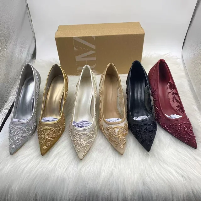 Zara High Heels Pointed-Toe Mesh Embroidered Pearl Pumps product detail image 1