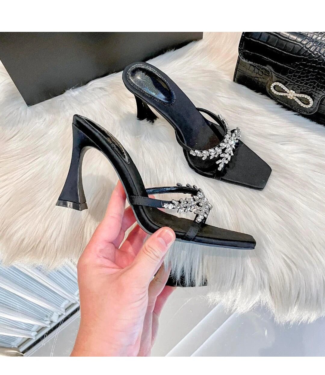 Black Crystal-Embellished Square-Toe Mule Heels - 5