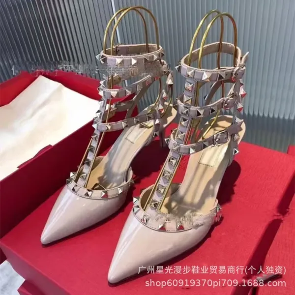 Valentino Rockstud Strappy Stiletto Heels Beige - 1
