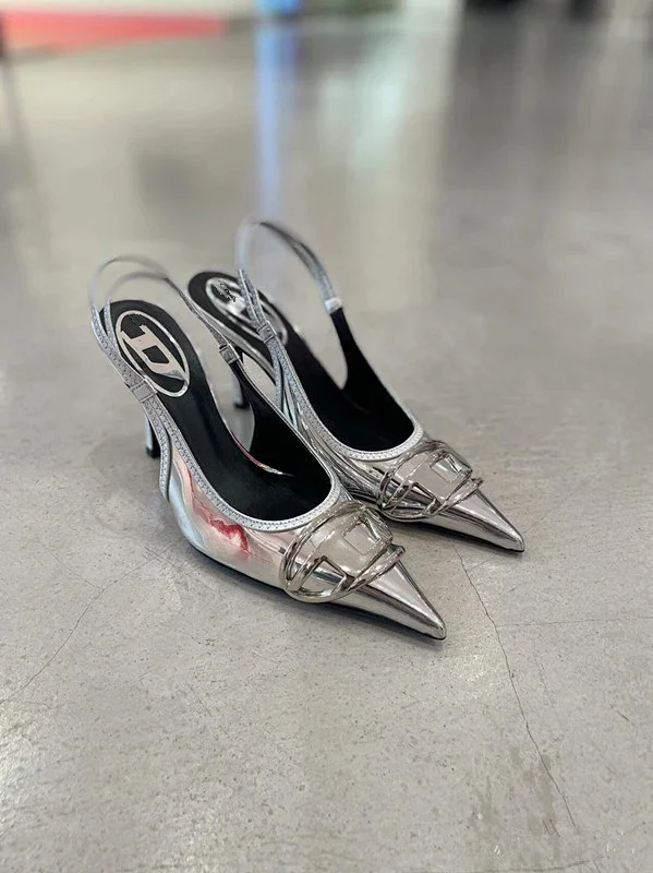 Unbranded High Heels Silver pointed-toe slingback stiletto with metal buckle detail product detail image 1