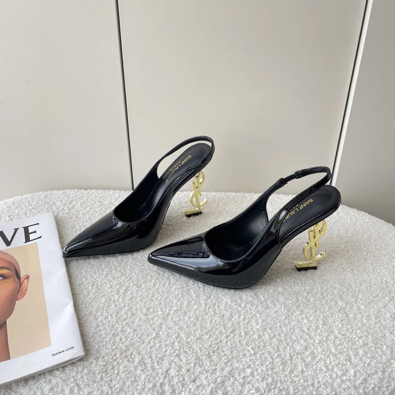 Saint Laurent High Heels Patent pointed-toe slingback with gold monogram image 1