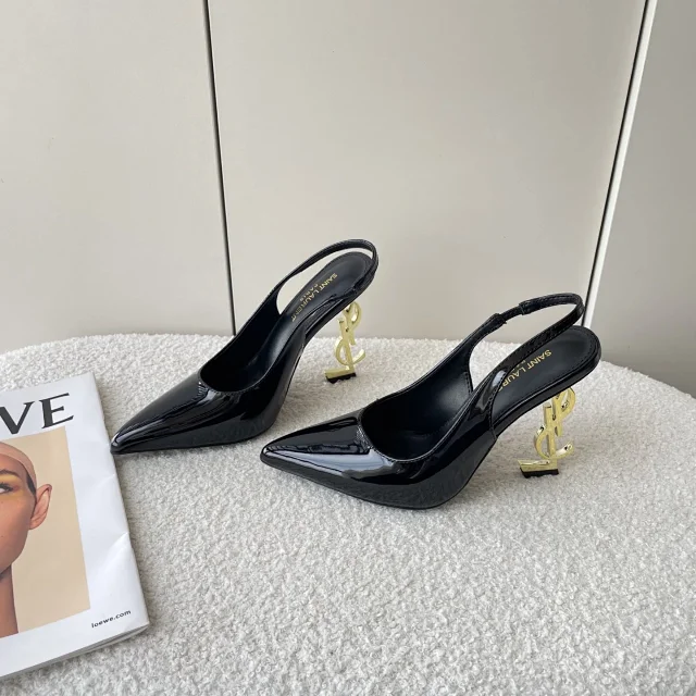 Saint Laurent High Heels Patent pointed-toe slingback with gold monogram product detail image 1