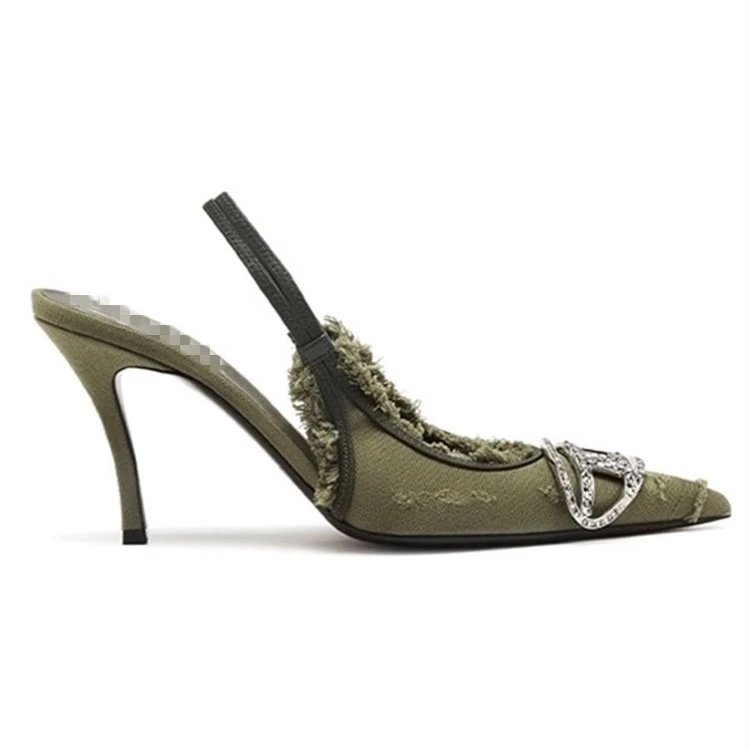 Gucci High Heels Frayed Denim Crystal Double G Slingback Pumps image 3