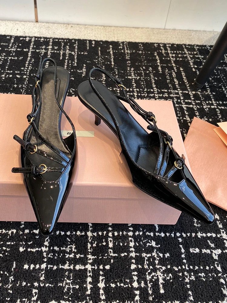 Burgundy Patent Leather Strappy Pointed-Toe Slingback Heels - 3