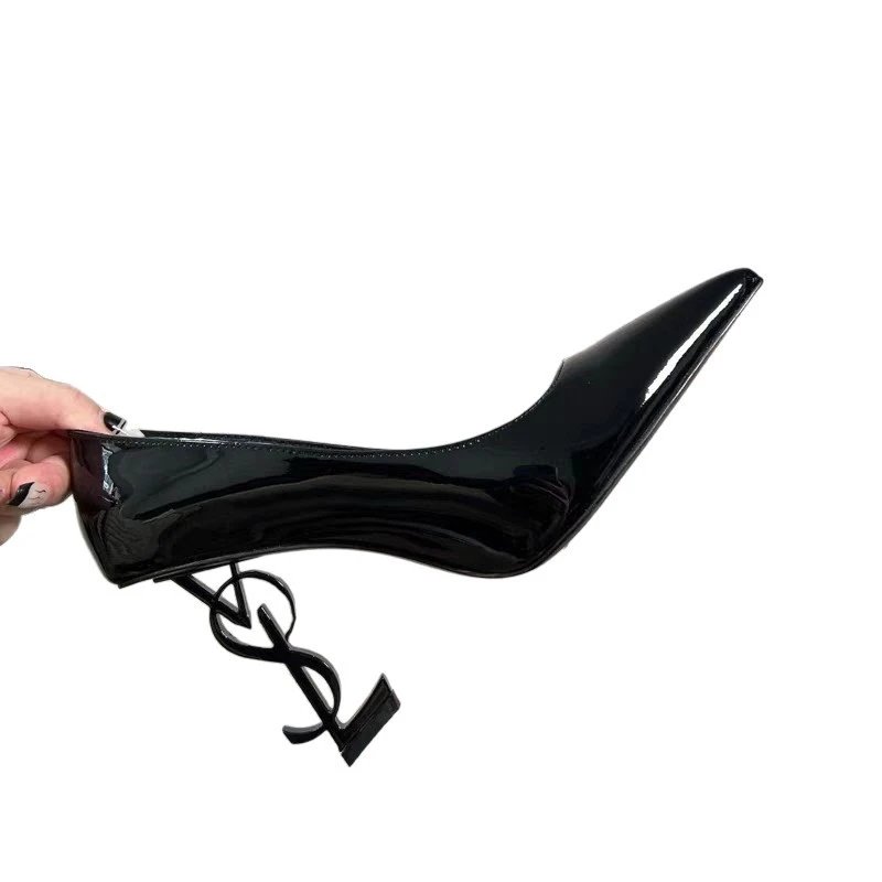 Saint Laurent High Heels Pointed-Toe Patent Pumps with YSL Monogram Heel image 5