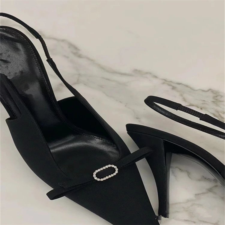 Unbranded High Heels Black satin slingback stiletto with pointed toe and crystal buckle bow image 4