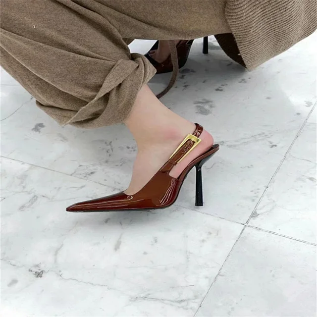 Unbranded High Heels Patent Slingback Pointed-Toe Gold Stiletto Heel product detail image 7