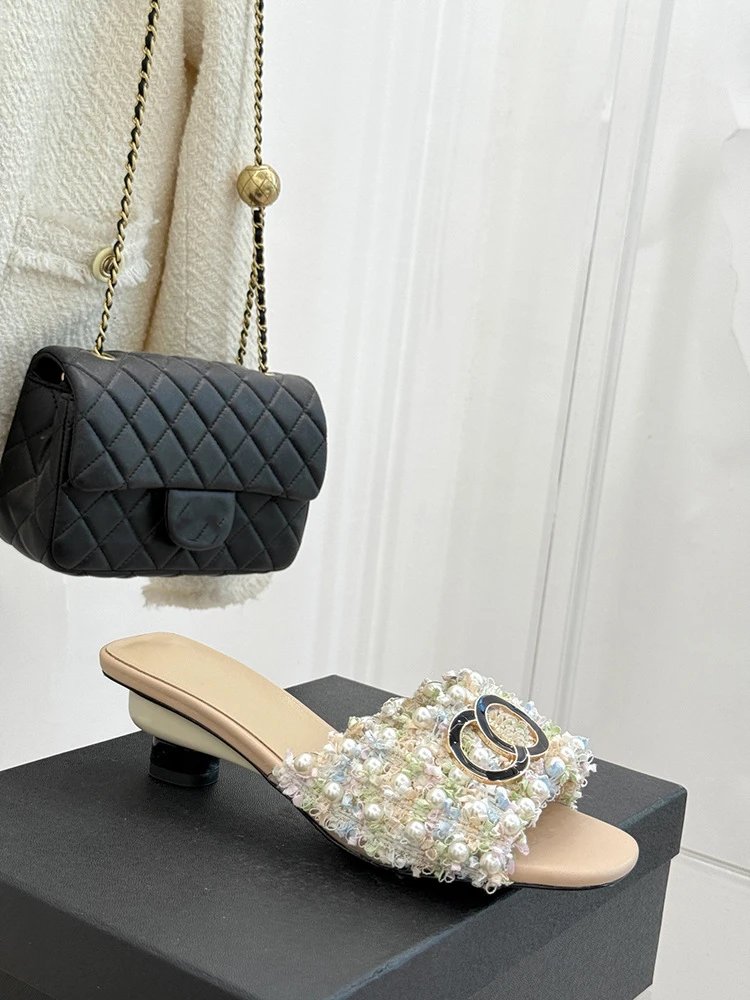 Chanel Sandals Pearl-Embellished Open-Toe Block-Heel Mules — Apricot - Correct Version