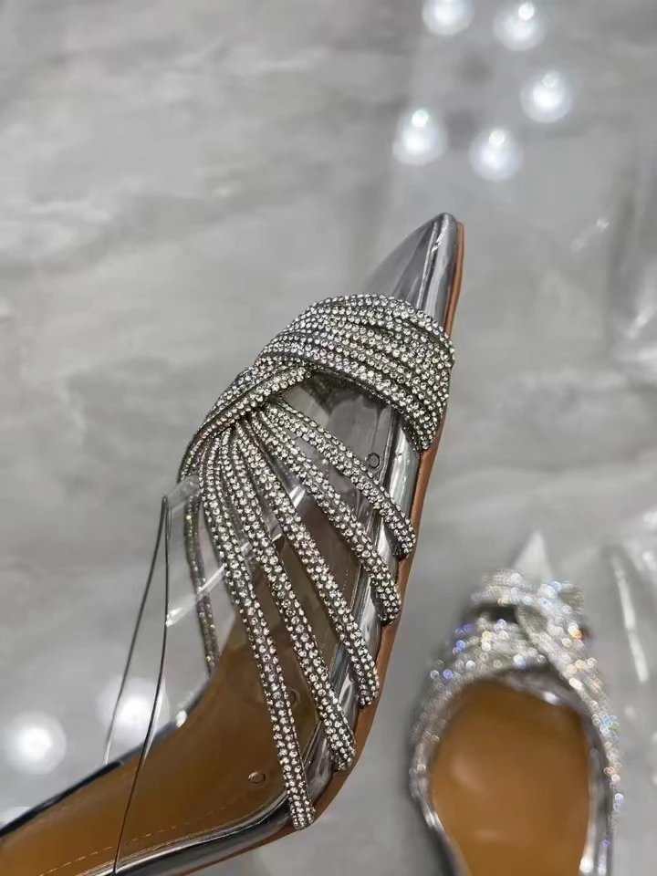Clear Strap Crystal-Embellished Silver Stiletto Heels - 10