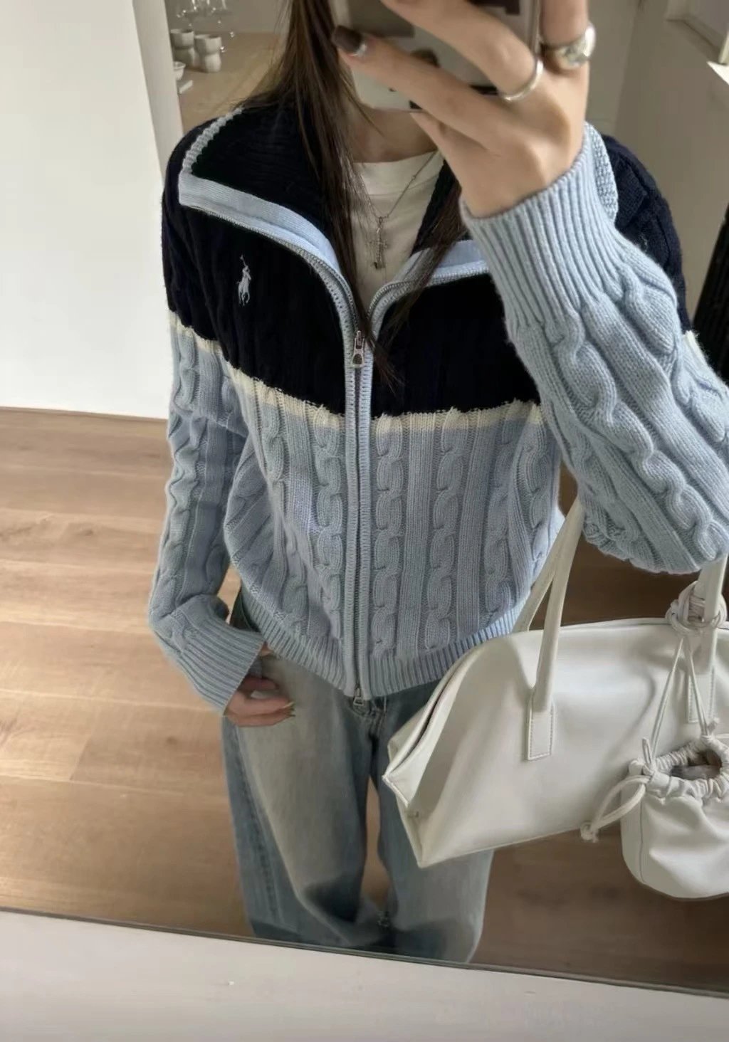 Polo Ralph Lauren Cable Knit Zip-Up Sweater Jacket in Black and Light Blue - 7