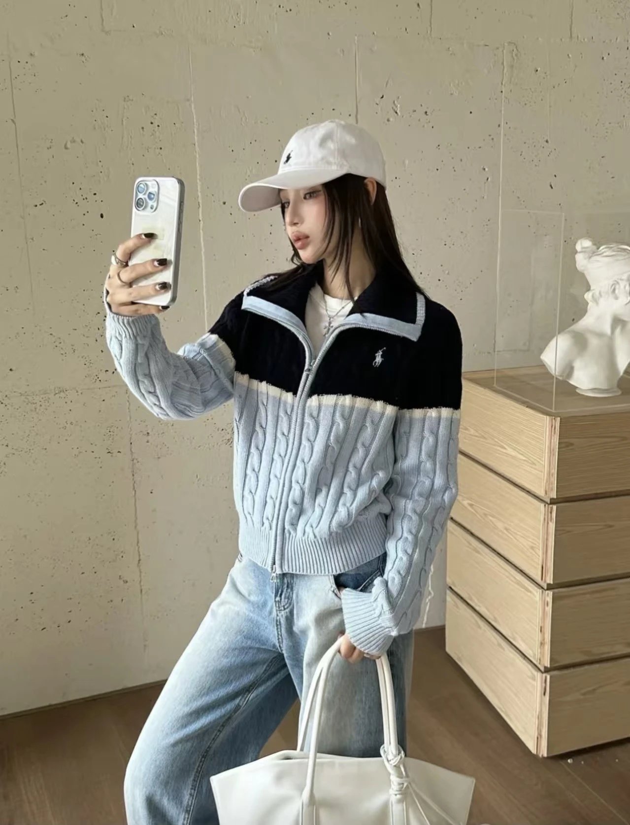 Polo Ralph Lauren Cable Knit Zip-Up Sweater Jacket in Black and Light Blue - 9
