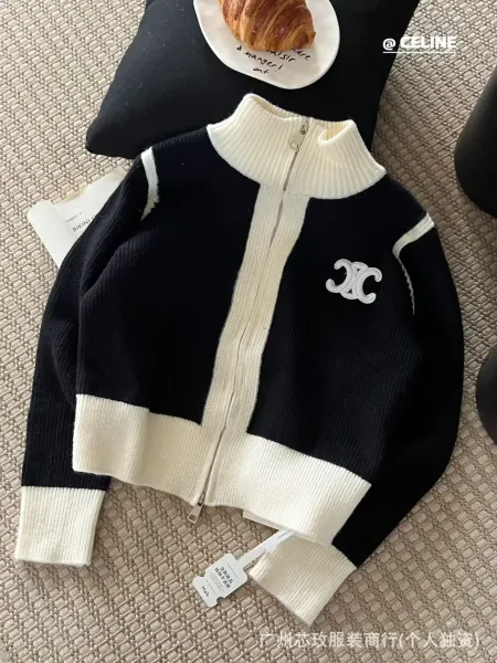 Celine CC Logo Ribbed Knit Zip-Up Jacket Black and Cream - 1