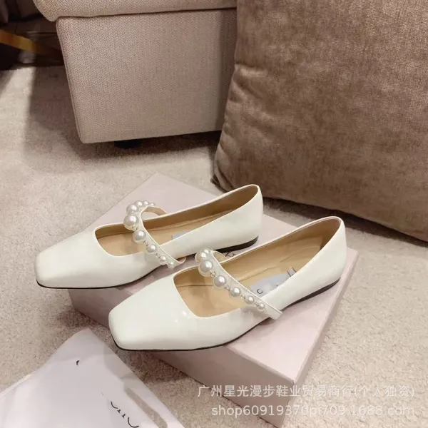 Pearl-Embellished Square-Toe Mary Jane Flats White Shoes - 1