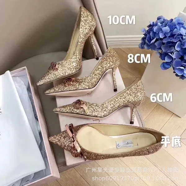 Design Glitter Pointed-Toe Stiletto Heels in Gold with Bow Detail - 1