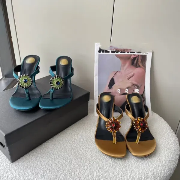 Jil Sander Floral-Embellished Thong Sandals in Teal and Gold - 1