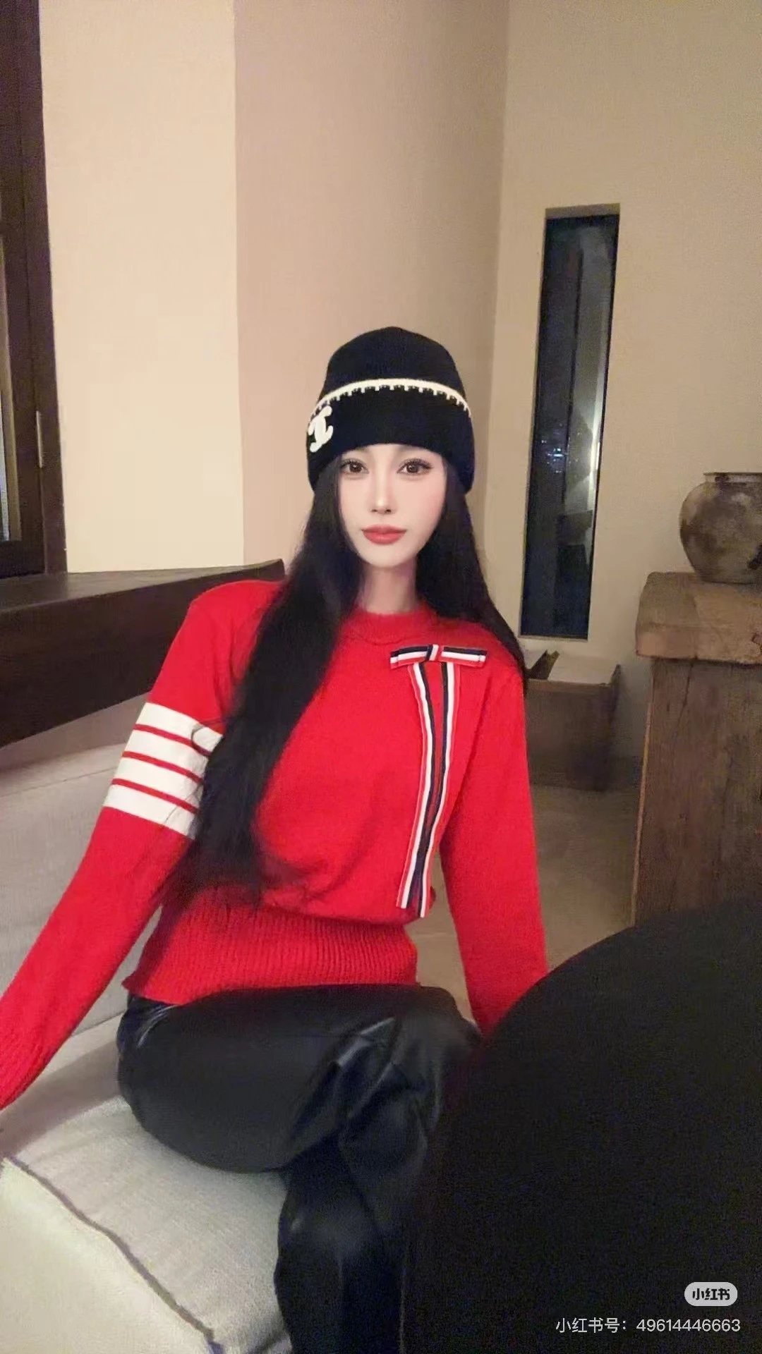 Thom Browne Red Ribbed Knit Sweater with Striped Bow and Four-Bar Cuff - 8