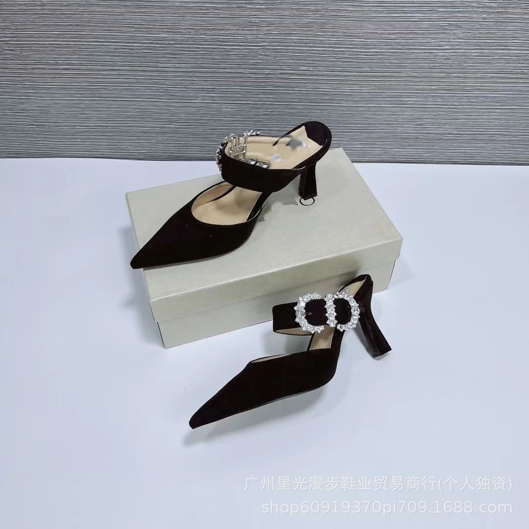 JIN Pointed-Toe Stiletto Heels with Crystal Strap Beige Shoes - 8