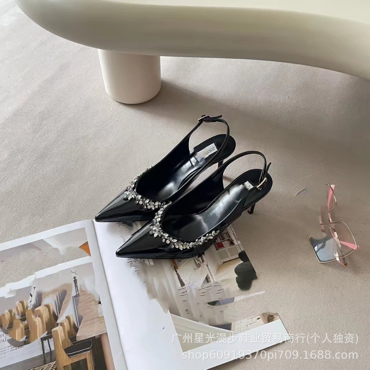 JIN Pointed-Toe Stiletto Heels with Crystal Strap Beige Shoes - 16