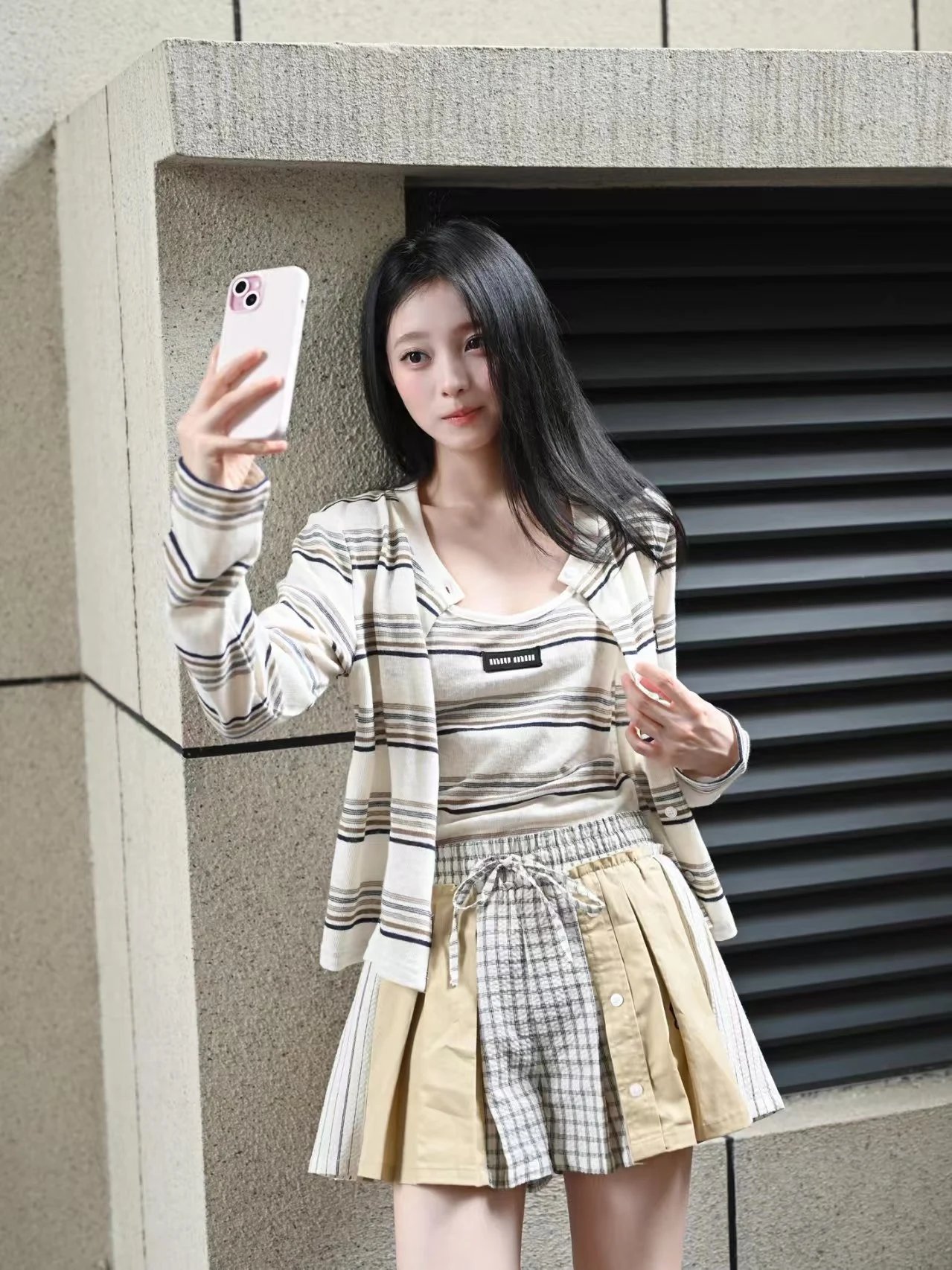 Miu Miu Striped Knit Polo Shirt and Plaid Pleated Shorts Set - 7