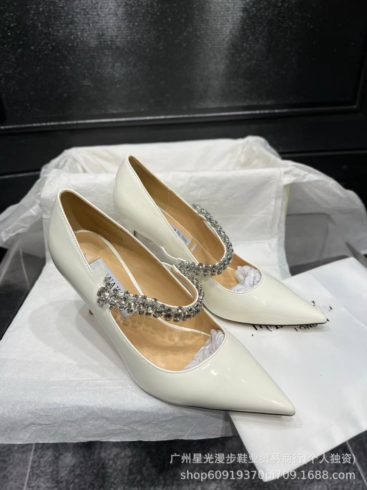 JIN Pointed-Toe Stiletto Heels with Crystal Strap Beige Shoes - 32