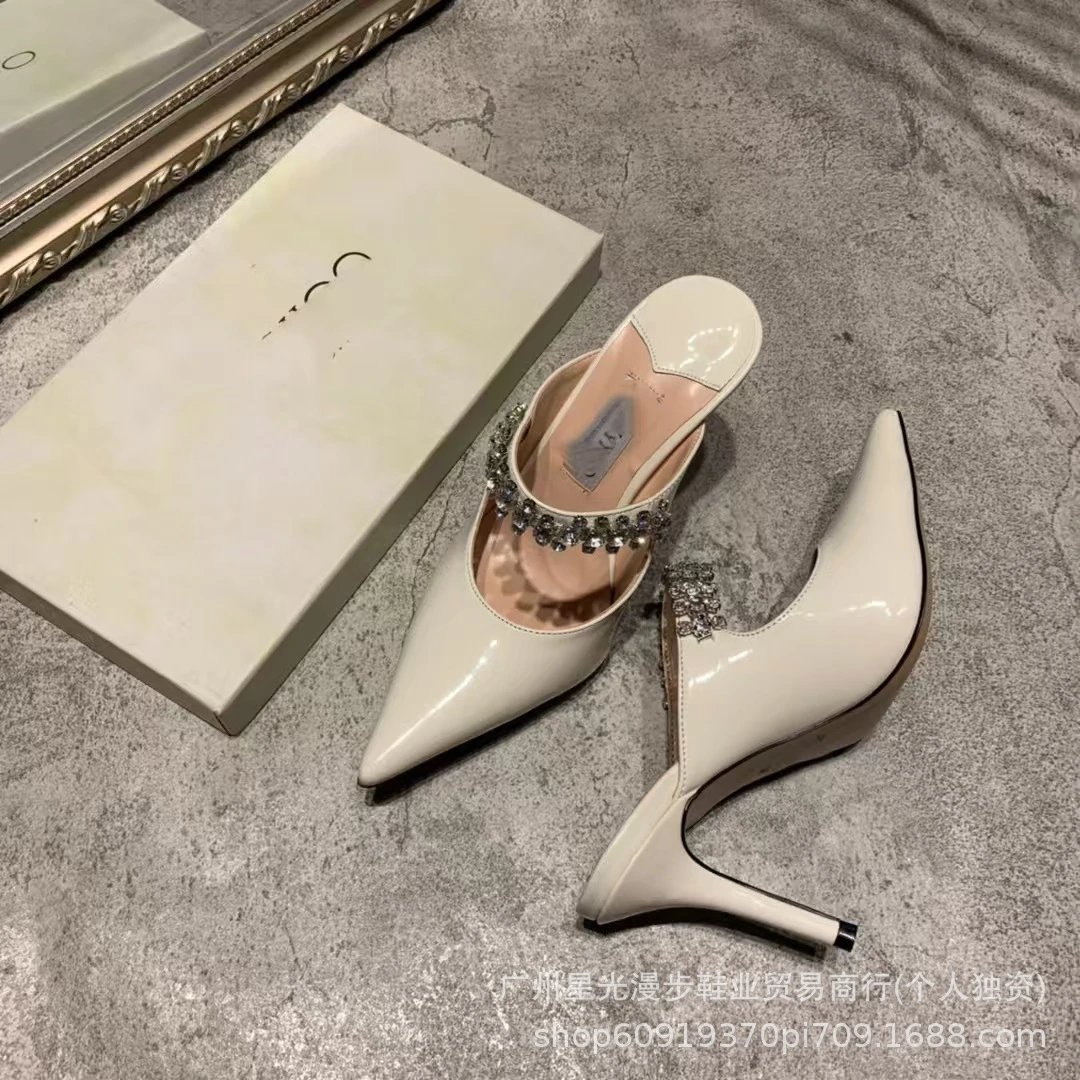 JIN Pointed-Toe Stiletto Heels with Crystal Strap Beige Shoes - 50