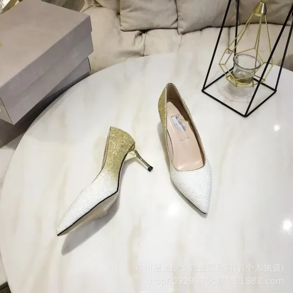 Glitter Gradient Pointed-Toe Stilettos White/Gold Heels - 1