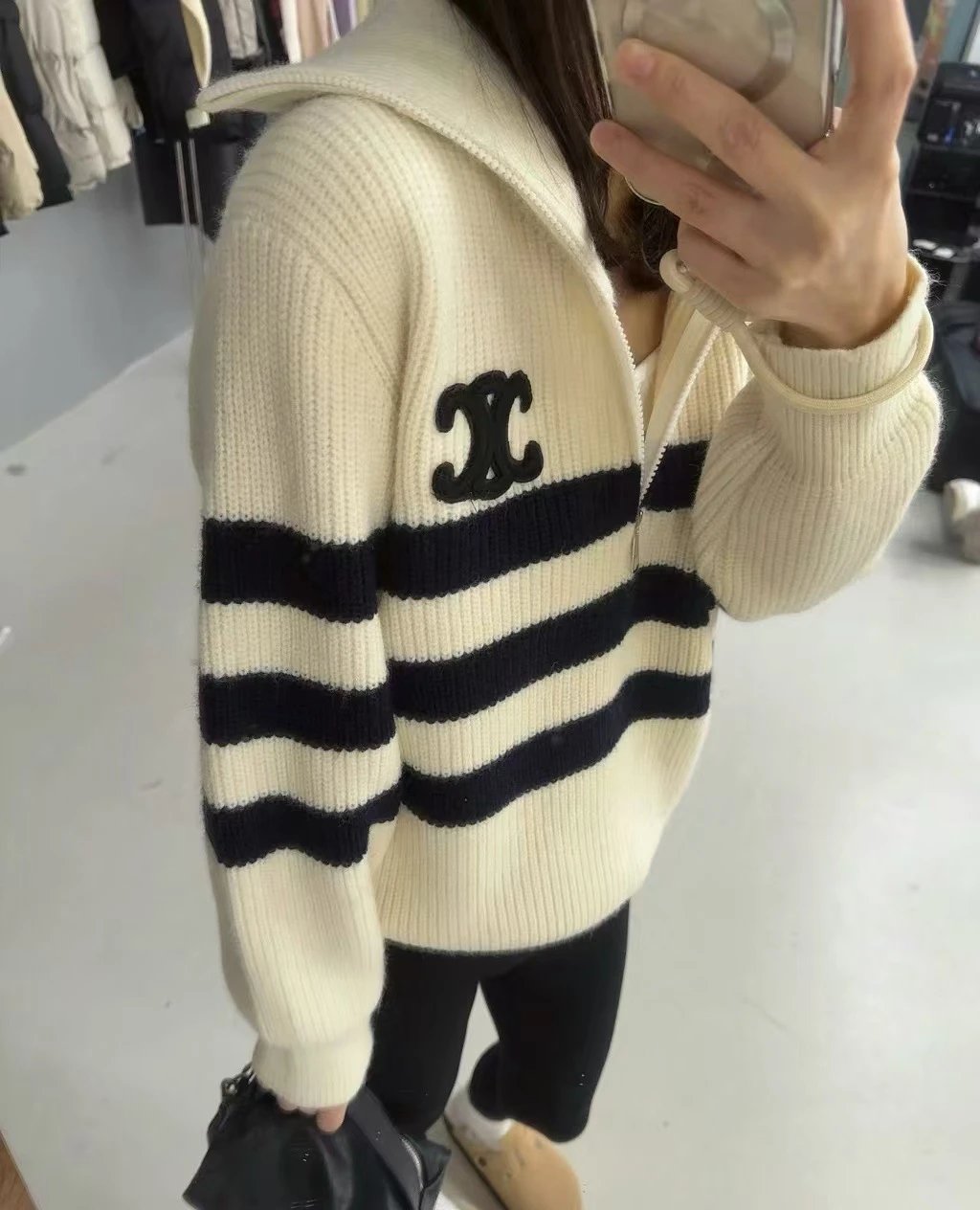Celine CC Logo Half-Zip Striped Sweater in Cream and Navy - 5
