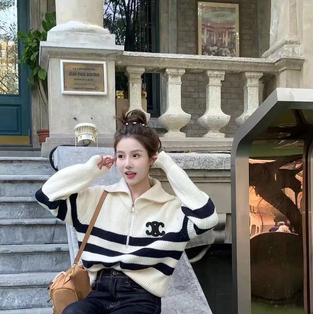 Celine CC Logo Half-Zip Striped Sweater in Cream and Navy - 10