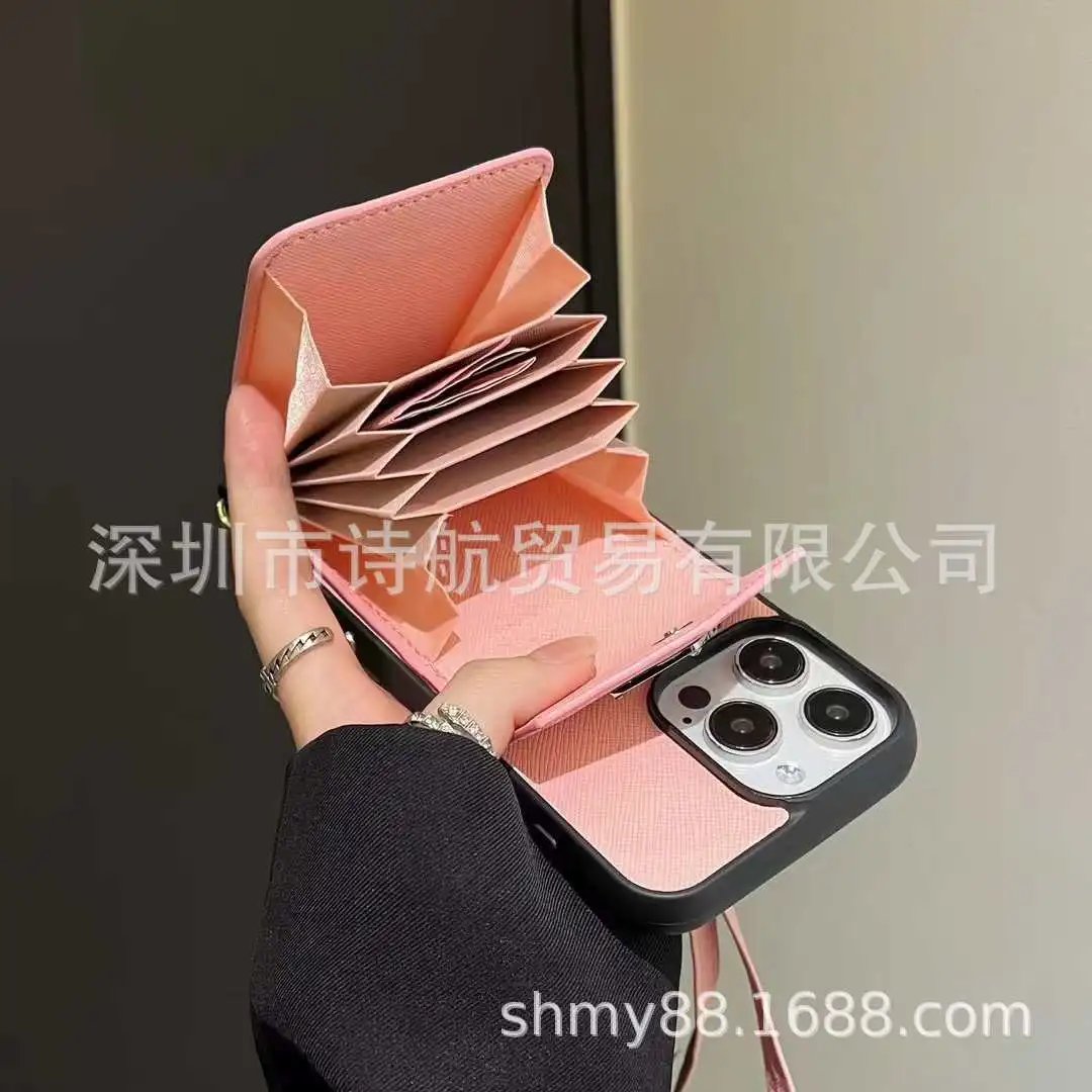 Prada-Inspired Triangle Logo Pink Phone Wallet Crossbody Case - 9