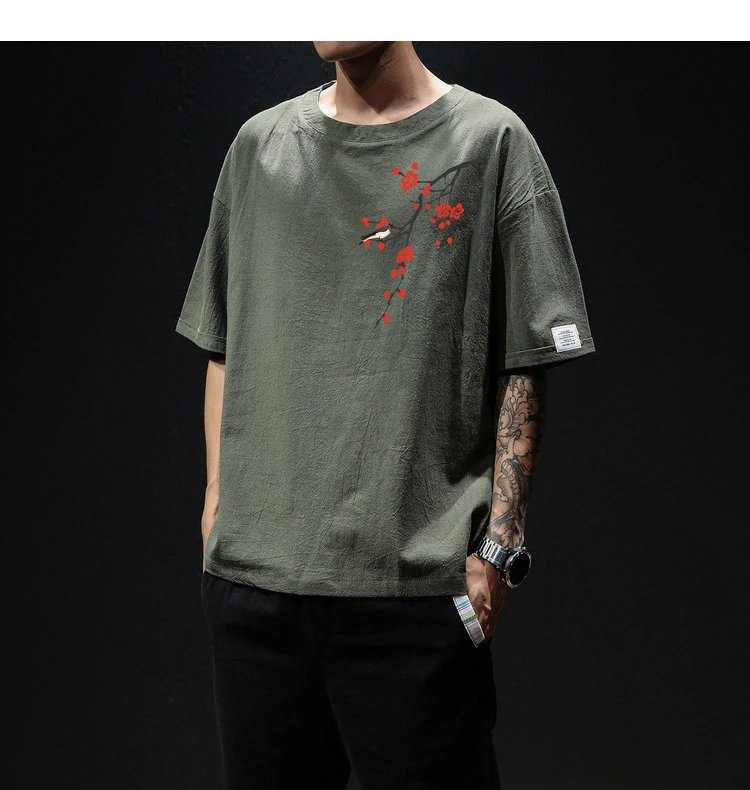 Design Floral Embroidery Oversized T-Shirt Army Green - 10