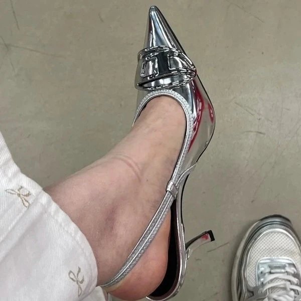Unbranded High Heels Silver pointed-toe slingback stiletto with metal buckle detail image 3