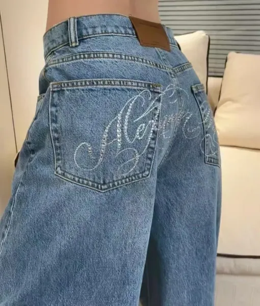 Design Wide-Leg Embroidered Denim Jeans Light Blue - 7