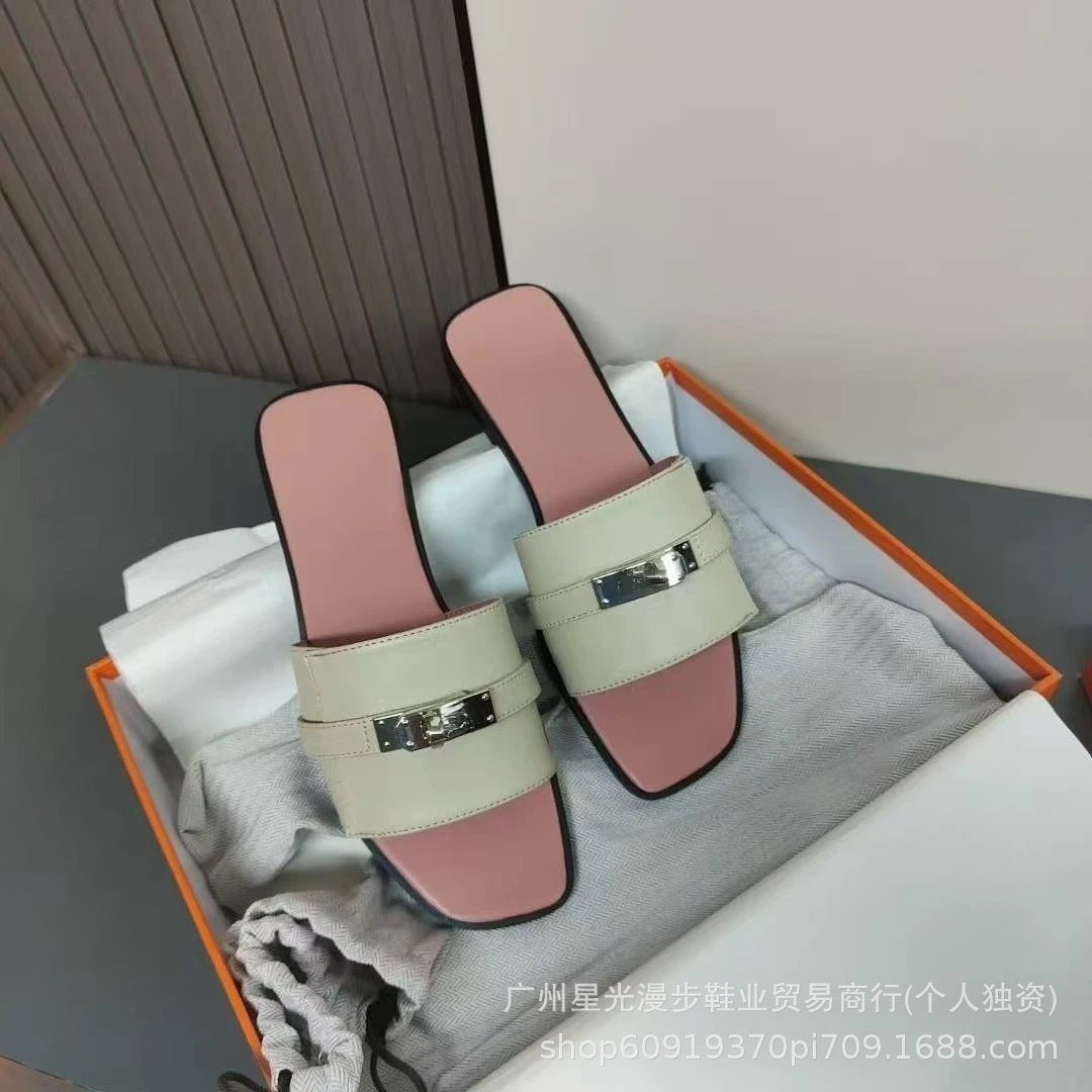 Hermès Oran Slide White Black Leather Sandals - 20