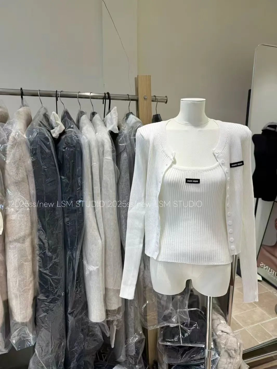 Miu Miu Ribbed Knit Cardigan and Camisole Set White - 4