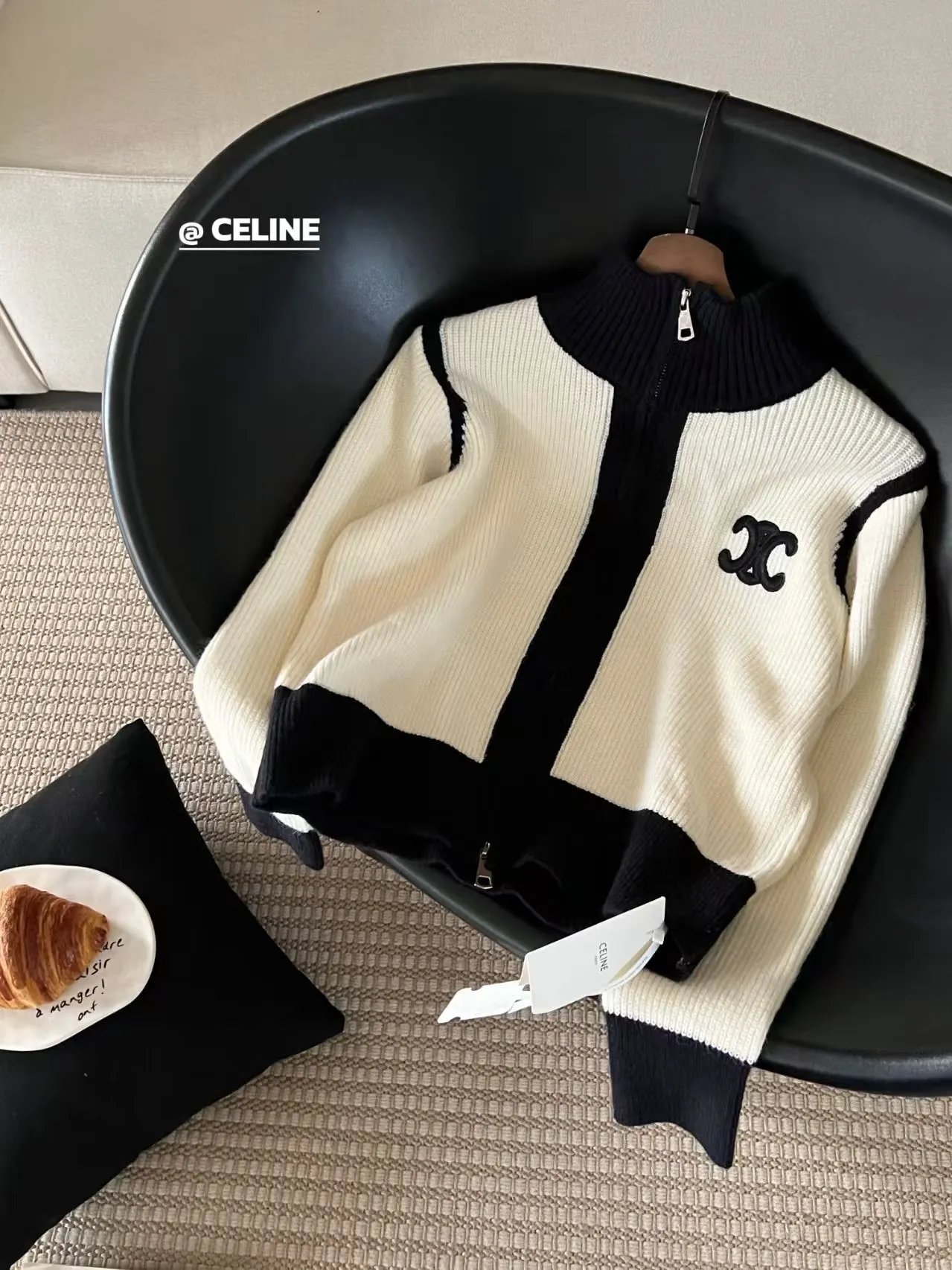 Celine CC Logo Ribbed Knit Zip-Up Sweater Beige and Black - 4